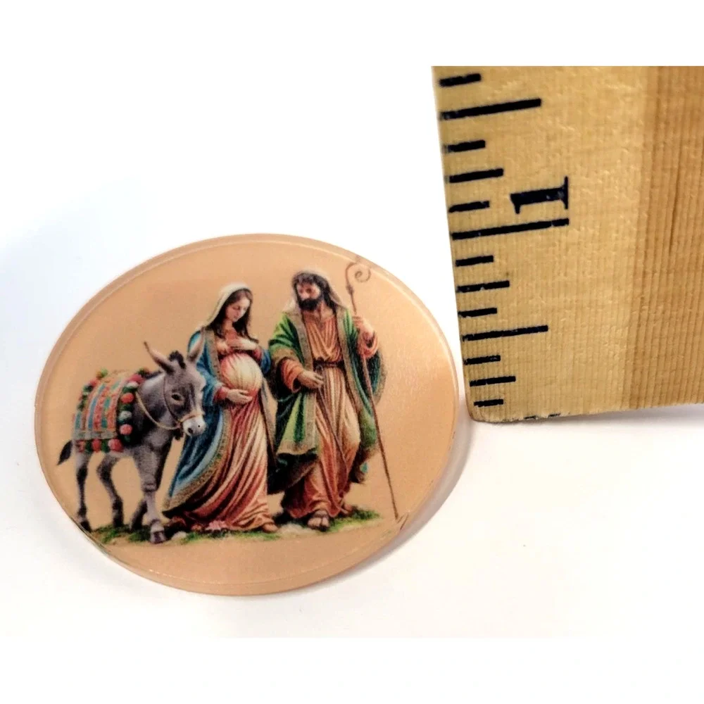 Rustic Christmas Nativity Holy Family Pin Back‎ Button Mary Donkey Joseph New